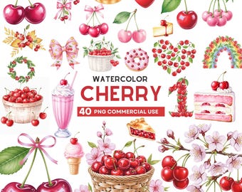 Clipart de cereza, PNG de cereza en acuarela, Clipart de lazo de cereza, Primer cumpleaños de cereza, Clipart de cereza coqueta, Clipart de fruta, PNG para uso comercial