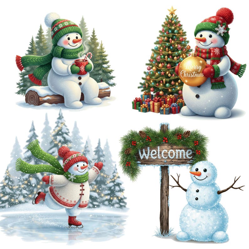 Festive snowman family watercolor clipart ideal for Christmas cards, mugs, and t-shirt sublimation.