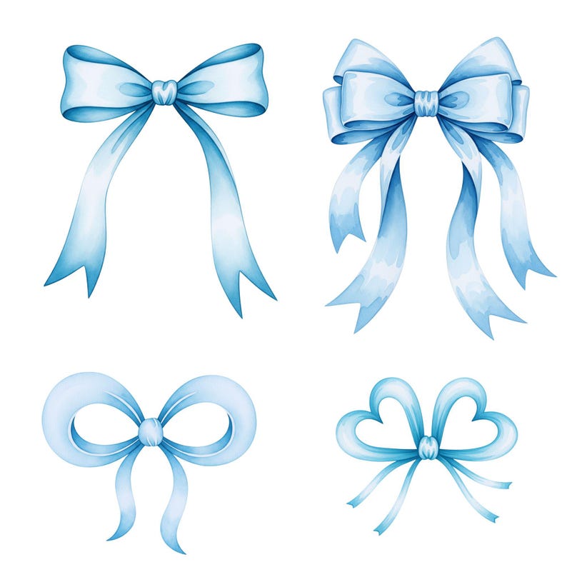 Soft watercolor blue ribbon bow PNG for wedding, shower, or invitation art