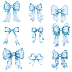 Blue bow clipart bundle featuring 23 watercolor PNGs with transparent background