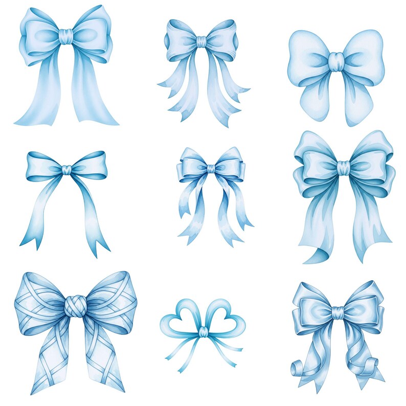 Blue bow clipart bundle featuring 23 watercolor PNGs with transparent background