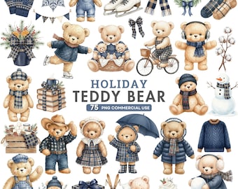 Watercolor Winter Teddy Bears Clipart, Cute Christmas Bears PNG, Tartan Holiday Bundle, Festive Nursery Art, Commercial Use Digital Download
