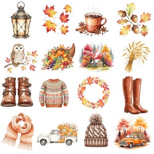 Fall Pumpkin Clipart in soft watercolor style with cozy seasonal elements for digital stickers and DIY cards.