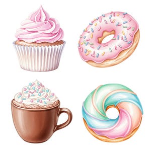Pastel candyland elements clipart with dessert icons such as ice cream, marshmallows, cake pops, and lollipops in watercolor style