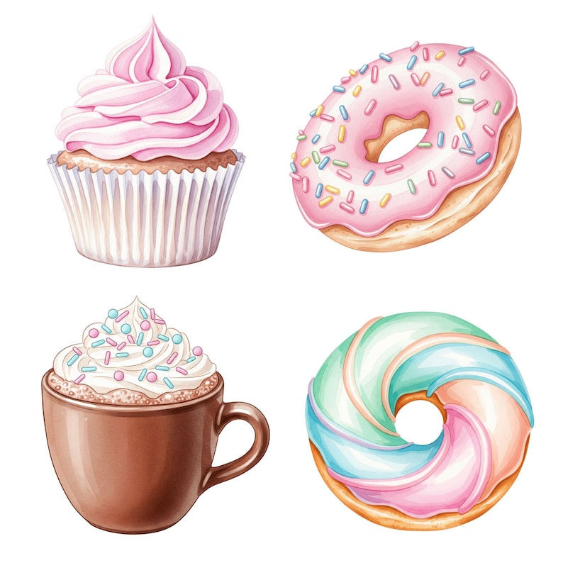 Pastel candyland elements clipart with dessert icons such as ice cream, marshmallows, cake pops, and lollipops in watercolor style
