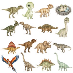 Prehistoric dinosaur art in digital PNGs, including realistic dino designs for sublimation, nursery decor, and scrapbooking.
