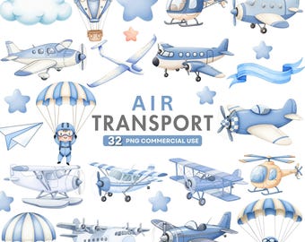 Niedliches Luft Transport Clipart Bundle, Aquarell Flugzeug, Helikopter, Heißluftballon PNGs für Babyparty, Kinder Kinderzimmer, Kommerzielle Nutzung Pngs