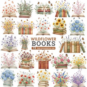 Floral Book Clipart, Wildflower Books PNG, Watercolor Book Stack, Cottagecore Art, Vintage Book Clipart, Book Lover, Commercial Use Clipart