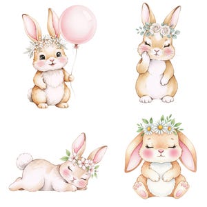 Cute bunny with watercolor balloons and flowers, great for printable Easter cards, sublimation, and baby milestone designs.