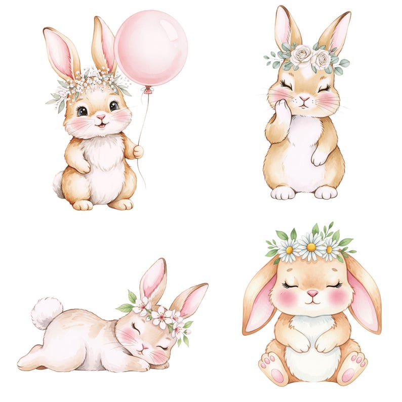 Cute bunny with watercolor balloons and flowers, great for printable Easter cards, sublimation, and baby milestone designs.