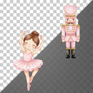 Nutcracker ballet clipart with festive pink and pastel watercolor tones, featuring ballerina, Mouse King, and holiday scene elements.