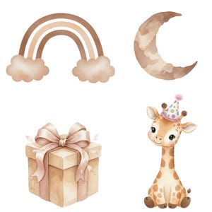 9. Neutral Baby Shower PNG, Boho Teddy Bear Clipart, Watercolor Hot Air Balloon, Cute Baby Animals, Beige Nursery Decor