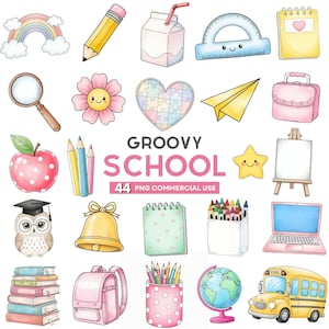 Groovy School Clipart, Retro Back To School Clipart, Cute Teacher Sublimation, Pastel School Supplies Png, Classroom Decor, Education Png