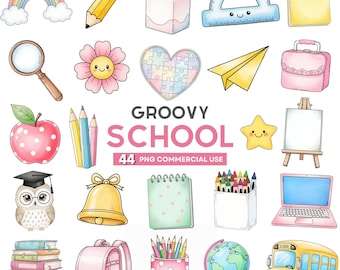 Groovy School Clipart, Retro School PNG, Back To School Clipart, Cute School Supplies PNG, Teacher Clipart, Classroom Decor, Education PNG