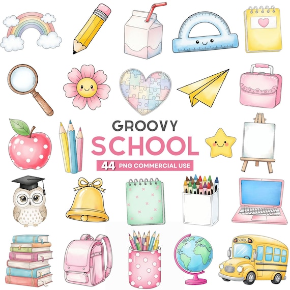 Groovy School Clipart, Retro School PNG, Back To School Clipart, Cute School Supplies PNG, Teacher Clipart, Classroom Decor, Education PNG