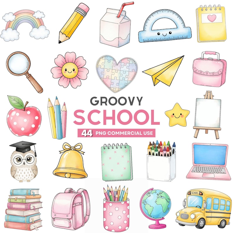 Retro groovy school clipart with pastel teacher elements, kawaii school supplies, books, pencils, and cute classroom decor for sublimation.