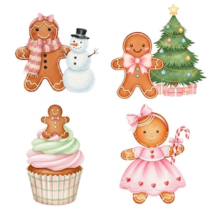 Kawaii pink gingerbread PNG with soft watercolor texture, perfect for cute holiday invitations and Christmas crafts.