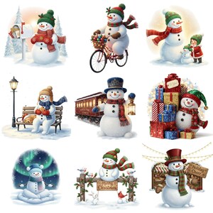 Cute snowman clipart bundle with scarves, hats, and snowy accents in a festive holiday theme.