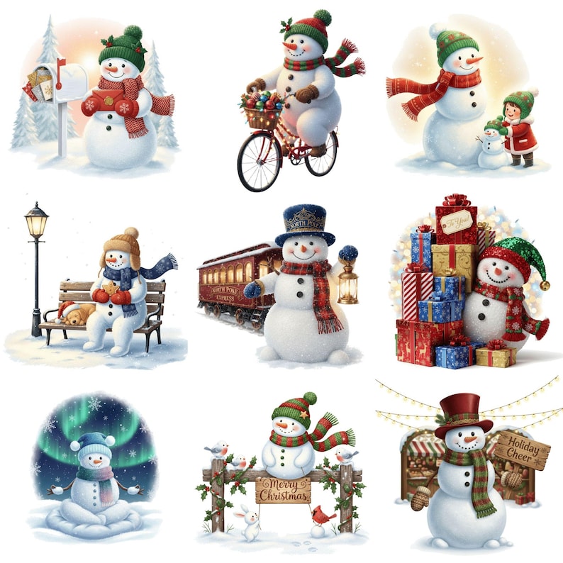 Cute snowman clipart bundle with scarves, hats, and snowy accents in a festive holiday theme.