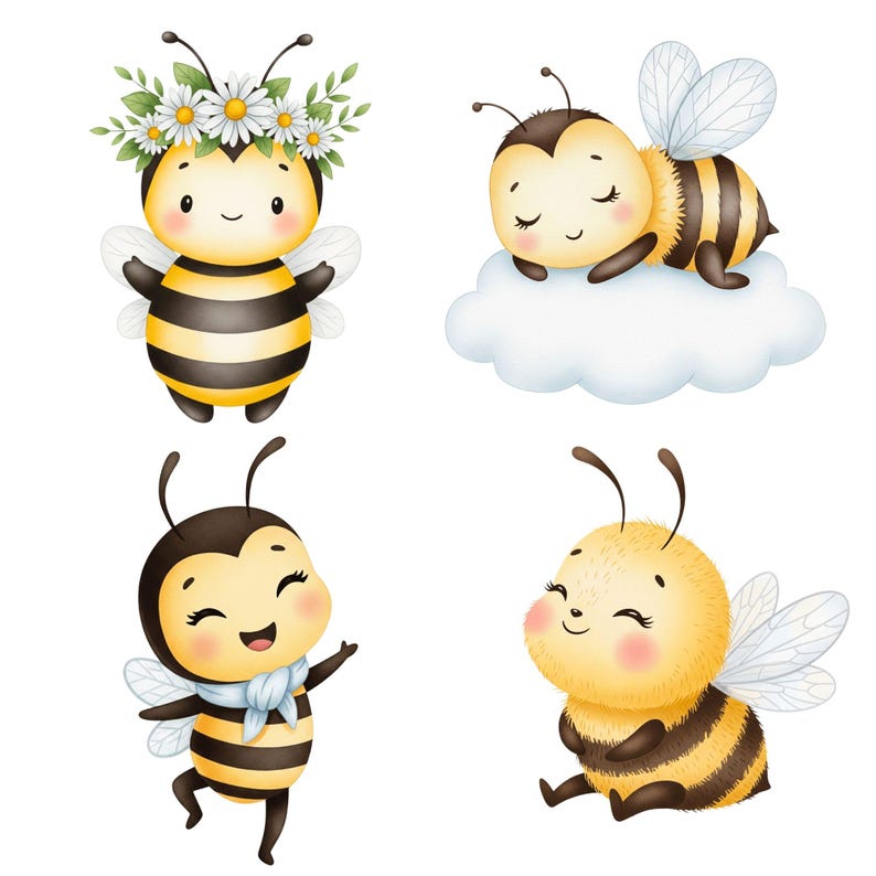 Detailed watercolor little bee illustration with soft brush textures, perfect for digital downloads and commercial use.