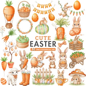 May include: A collection of watercolour illustrations with an Easter theme. The image includes bunnies, carrots, Easter eggs, a carrot-shaped house, and the text "CUTE EASTER". The illustrations are in shades of orange, green, and brown.