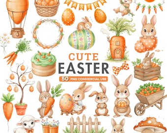 Cute Easter Clipart, Watercolor Easter Bunny, Pastel Eggs, Bunny PNG, Carrot Land, Spring Floral, Nursery Png, Orange Easter, Commercial Use