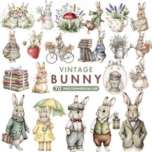 Watercolor Bunny Clipart Bundle: Vintage Floral Rabbits, Woodland Animals (70 PNG Files)