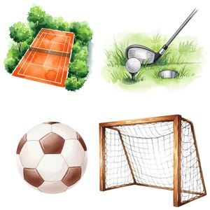Kids Sports Clipart with colorful hand-painted balls and sports equipment, ideal for planners, stickers, and school projects.