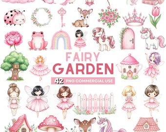 May include: A collection of watercolor illustrations with a fairy garden theme. The images include fairies, unicorns, a deer, a frog, a mushroom, a house, a teapot, a rainbow, and the text "FAIRY GARDEN".