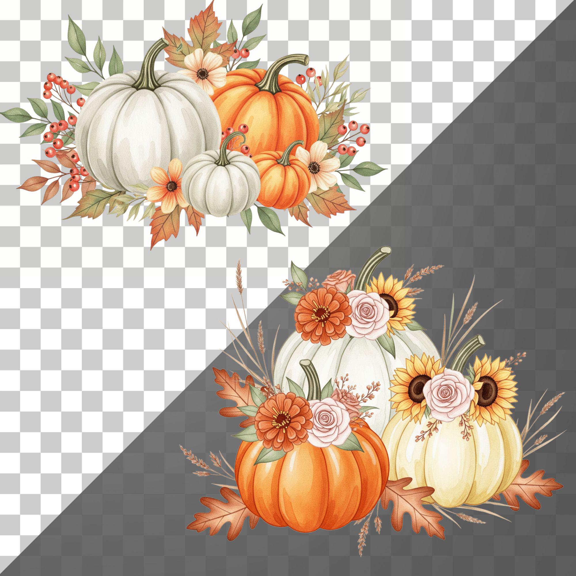 Watercolor Fall Pumpkin Clipart, Floral Autumn, Watercolor Pumpkin PNG ...
