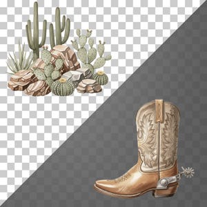Rustic western art PNG of cowboy boots and hat on a sandy desert background, ideal for sublimation and western craft projects.