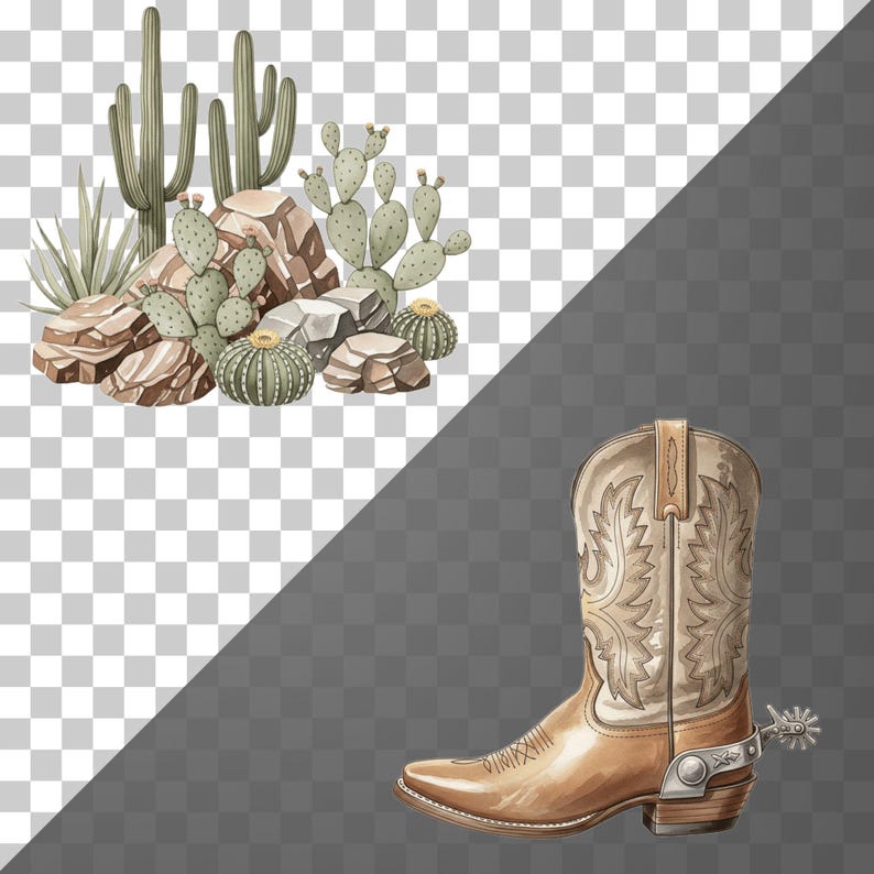 Rustic western art PNG of cowboy boots and hat on a sandy desert background, ideal for sublimation and western craft projects.