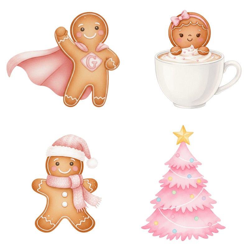 Pastel pink Christmas gingerbread house PNG with delicate frosting, ideal for digital art and printable wall decor.