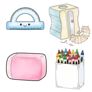 Groovy themed school clipart set with retro pastel colors, school icons like books, ruler, pencil, and decor for classroom design.