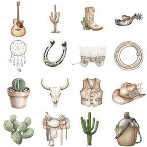 Watercolor cowgirl clipart bundle with boots, lasso, cowboy hats, and desert plants in a neutral rustic color palette.