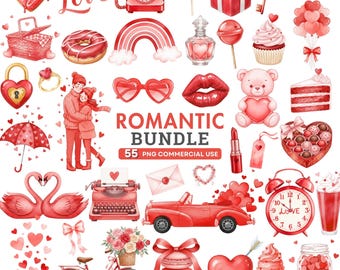 May include: A watercolor illustration of a romantic bundle with various red-themed elements. Includes hearts, a telephone, a rainbow, a teddy bear, a car, a bicycle, and the text "ROMANTIC BUNDLE".