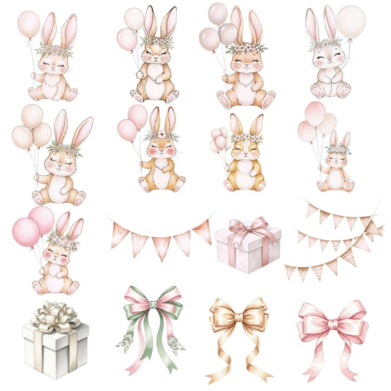 Set of cute Easter bunny clipart PNGs with spring flowers, perfect for holiday crafts, greeting cards, and digital scrapbooking.