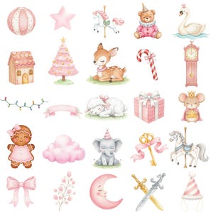 Sugar Plum Fairy and Nutcracker ballet clipart in soft pink and pastel colors, hand-painted watercolor style for Christmas card and party decor.