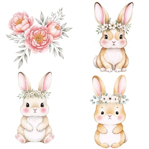 Watercolor bunny illustration bundle featuring rabbits in pastel tones, ideal for kids’ birthday invitations and party supplies.
