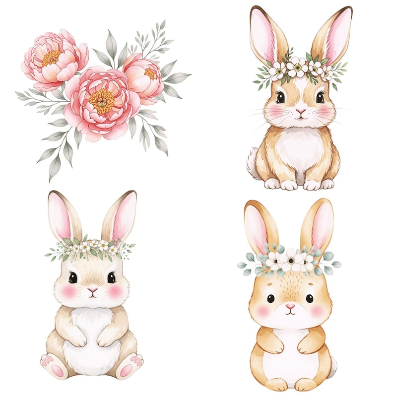 Watercolor bunny illustration bundle featuring rabbits in pastel tones, ideal for kids’ birthday invitations and party supplies.