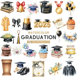 Graduation Clipart PNG, Watercolor Graduation Cap Png, Female Graduate Clipart, Class of 2025 PNG, Cap Gown Diploma, Graduation Girl Bundle