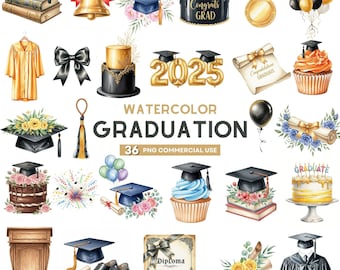 Watercolor Graduation Clipart, Graduation PNG, Graduation Cap, Diploma Clipart, Graduate Clipart, Graduation Girl PNG, Class of 2025 Party