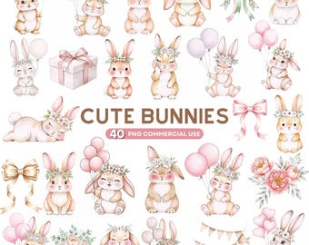 Cute Bunny Clipart, Watercolor Pink Bunny Clipart, Boho Bunny Png, Bunny Balloons, Baby Shower, Nursery Floral, Sublimation, Commercial Use
