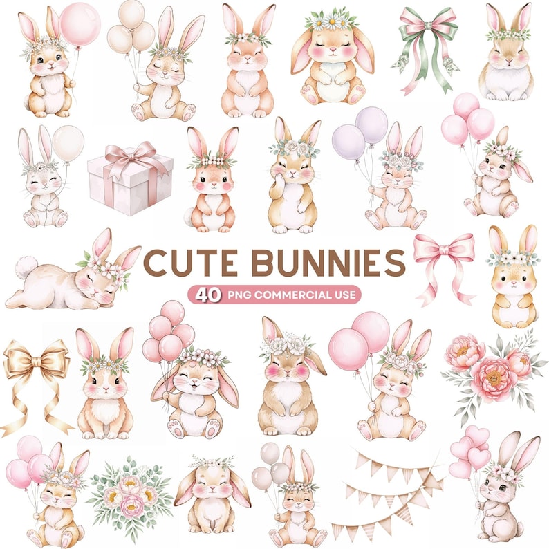 Watercolor cute bunny clipart with pastel flowers, perfect for baby shower invitations and nursery wall art decorations.