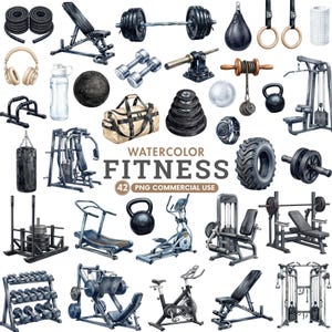 Puede incluir: Una colección de ilustraciones en acuarela de equipos de fitness que incluye un banco de pesas, barra, mancuernas, pesas rusas, máquinas de gimnasio, saco de boxeo, cinta de correr, bicicleta estática, bolsa de deporte y el texto WATERCOLOR FITNESS 42 PNG.