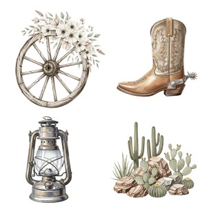 Cowgirl clipart PNG bundle with pink and neutral tones, featuring boots, hats, cacti, and western floral accents.