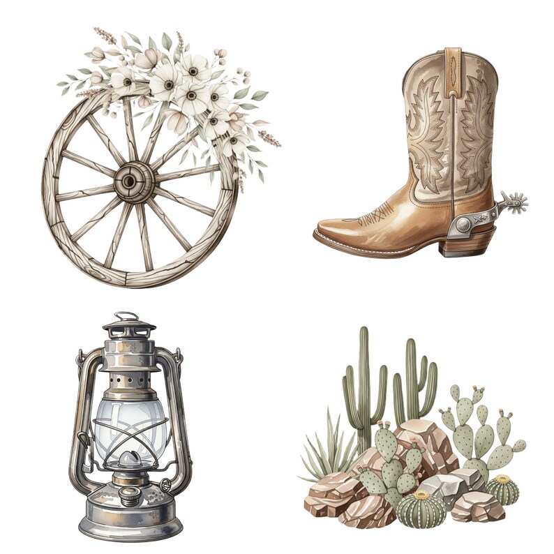 Cowgirl clipart PNG bundle with pink and neutral tones, featuring boots, hats, cacti, and western floral accents.