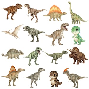 Realistic dinosaur clipart bundle featuring T-Rex, Triceratops, and prehistoric creatures in high-quality PNG format.