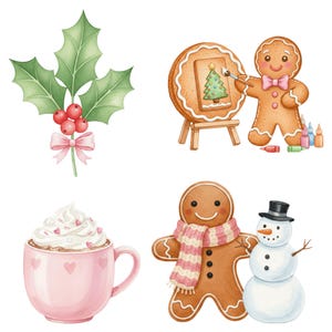 Girly pink gingerbread cookie clipart set for cozy holiday crafts, scrapbooking, and small business Christmas products.