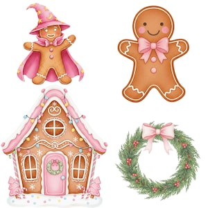 Hand-painted watercolor pink gingerbread cookies with bows and hearts for coquette Christmas sublimation designs.